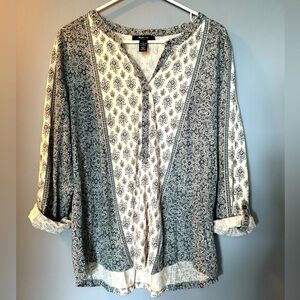 Style & Co. V-Neck Half Button Rolled Sleeve Hippie Blouse Womens Sz L